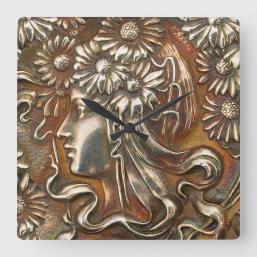 Art Nouveau Maiden Silver Repousse Moderne Acrylli Quadratische Wanduhr (Vorderseite)