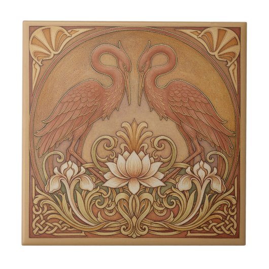 Art Nouveau Mirrored CranePat#9 Terra Cotta ID1193 Fliese (Vorderseite)
