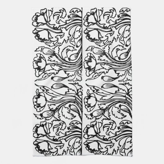 Art Nouveau Mohn floral Schwarz-weiß elegant Geschirrtuch (Vertikal)