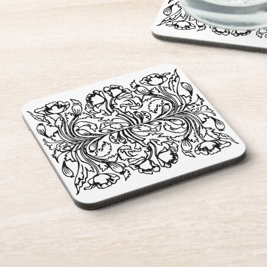 Art Nouveau Mohn floral Schwarz-weiß elegant Getränkeuntersetzer (Linke Seite)