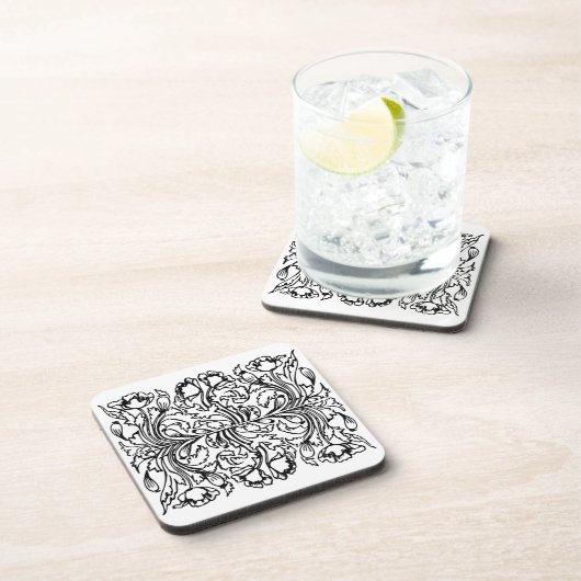 Art Nouveau Mohn floral Schwarz-weiß elegant Getränkeuntersetzer (Rechte Seite)