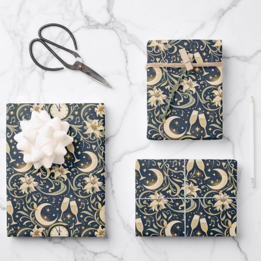 Art Nouveau Moonlit New Year Pattern Geschenkpapier Set (Vorderseite)