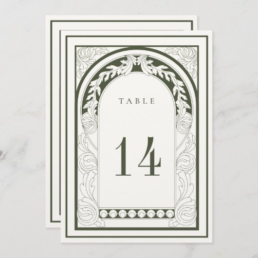 Art Nouveau Moss Green Tischnummer Card (Vorne/Hinten)