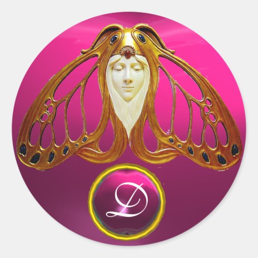 ART NOUVEAU MOTH FRAU PINK FUCHSIA GEM MONOGRAM RUNDER AUFKLEBER (Vorderseite)