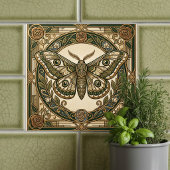 Art Nouveau Moth Green Gold Floral Ceramic Tile Fliese