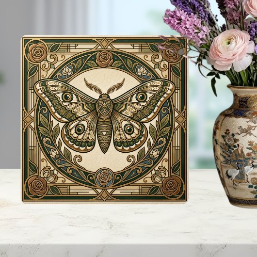 Art Nouveau Moth Green Gold Floral Ceramic Tile Fliese