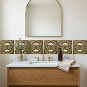 Art Nouveau Moth Green Gold Floral Ceramic Tile Fliese