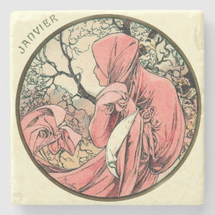 Art Nouveau Mucha Kalender Januar Steinuntersetzer