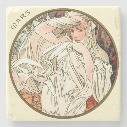 Art Nouveau Mucha Kalender März Steinuntersetzer (Vorderseite)