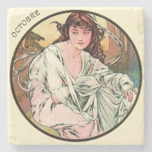 Art Nouveau Mucha Kalender Oktober Steinuntersetzer