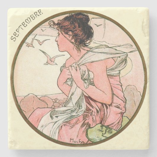 Art Nouveau Mucha Kalender September Steinuntersetzer (Vorderseite)