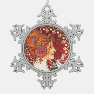 Art Nouveau Mucha Lady Snowflake-Ornament Schneeflocken Zinn-Ornament