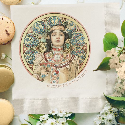 Art Nouveau Mucha Names Champagne Gold Serviette