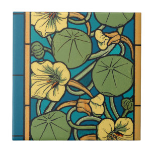 Art Nouveau Nasturtium Blau Gold floral Verneuil Fliese