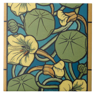 Art Nouveau Nasturtium Blau Gold floral Verneuil Fliese