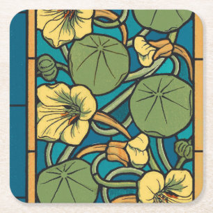 Art Nouveau Nasturtium Blau Gold floral Verneuil Rechteckiger Pappuntersetzer