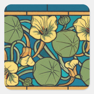 Art Nouveau Nasturtium Blaugold Blumenmuster Verne Quadratischer Aufkleber