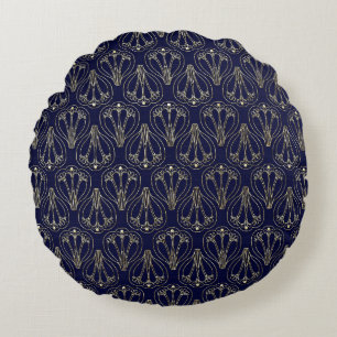 Art Nouveau Navy Blue und Gold Rundes Kissen