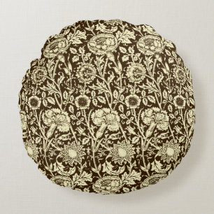 Art Nouveau-Nelke Damast, Braun und Creme Rundes Kissen