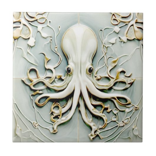 Art Nouveau Octopus Imitats Relief Gold & Minze Pa Fliese (Vorderseite)