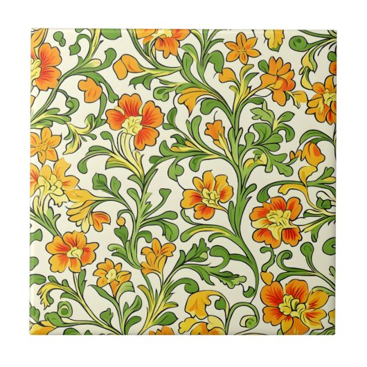  Art Nouveau orange and yellow floral pattern  Fliese (Vorderseite)