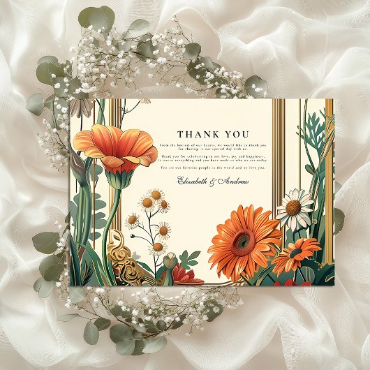 Art Nouveau Orange Floral Wedding Dankeskarte