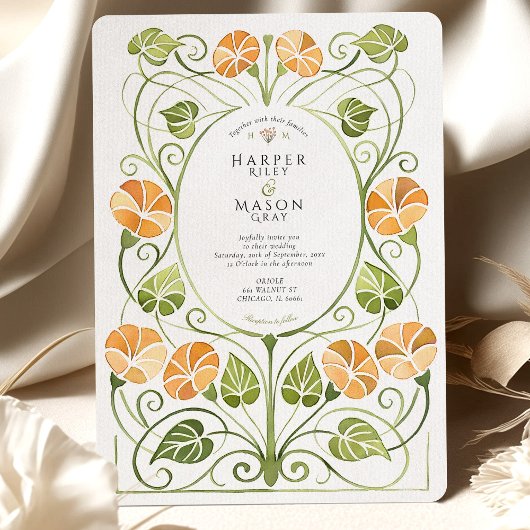 Art Nouveau Orange Greenery Foliage Wedding Einladung