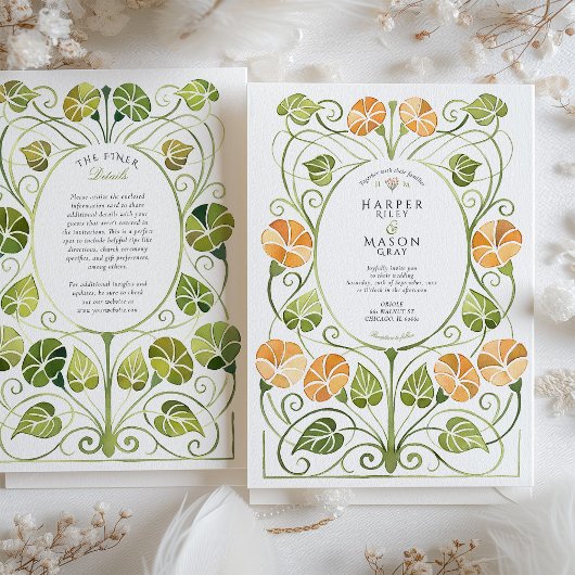 Art Nouveau Orange Greenery Foliage Wedding Einladung