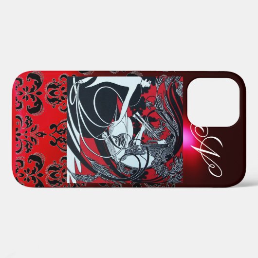 ART NOUVEAU PAN , RED SCHWARZ-WEISS DAMASK MONOGRA Case-Mate iPhone HÜLLE (Rückseite (Horizontal))