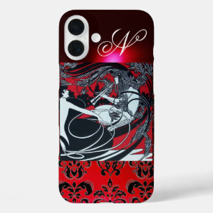 ART NOUVEAU PAN , RED SCHWARZ-WEISS DAMASK MONOGRA iPhone 16 PLUS HÜLLE