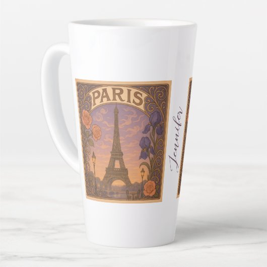 Art Nouveau Paris Eiffel Tower Floral Custom Name Milchtasse (Linke Ecke)