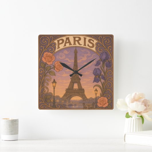 Art Nouveau Paris Eiffel Tower Floral Quadratische Wanduhr (Zuhause)