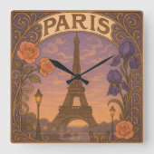 Art Nouveau Paris Eiffel Tower Floral Quadratische Wanduhr (Vorderseite)