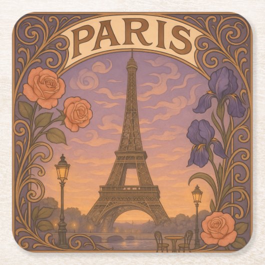 Art Nouveau Paris Eiffel Tower Floral Rechteckiger Pappuntersetzer (Vorderseite)