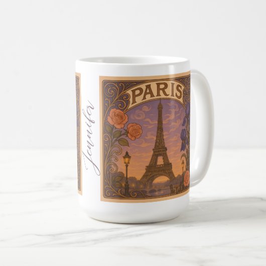 Art Nouveau Paris Eiffelturm Individuelle Name Kaffeetasse (VorderseiteRechts)