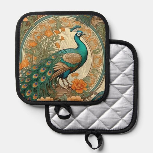 Art Nouveau Peacock Pot Holder Topflappen (Vorderseite/Rückseite)