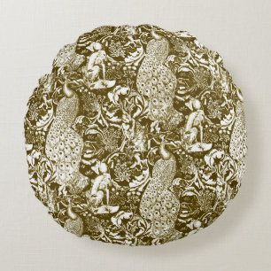 Art Nouveau Peacock Print, Brown and Creme Rundes Kissen