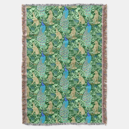 Art Nouveau Peacock Print, Cobalt Blue & Green Decke (Vorderseite Vertikal)