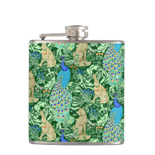 Art Nouveau Peacock Print, Cobalt Blue & Green Flachmann
