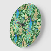 Art Nouveau Peacock Print, Cobalt Blue & Green Große Wanduhr (Winkel)