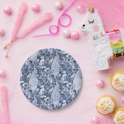 Art Nouveau Peacock Print, Marine und Weiß Pappteller (Party)