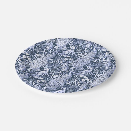 Art Nouveau Peacock Print, Marine und Weiß Pappteller (Schrägansicht)