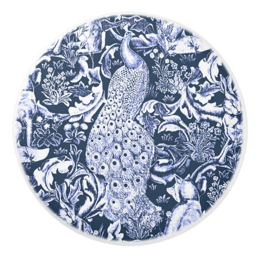 Art Nouveau Peacock Print, Navy Blue und White Keramikknauf (Vorderseite)