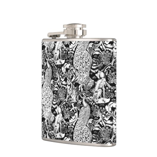 Art Nouveau Peacock Print, Schwarz/Weiß Flachmann (Links)