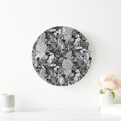 Art Nouveau Peacock Print, Schwarz/Weiß Große Wanduhr (Zuhause)