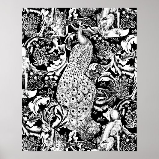 Art Nouveau Peacock Print, Schwarz/Weiß Poster (Vorne)