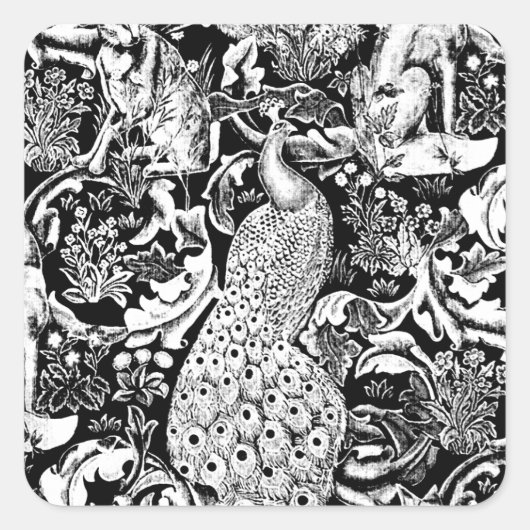 Art Nouveau Peacock Print, Schwarz/Weiß Quadratischer Aufkleber (Vorderseite)