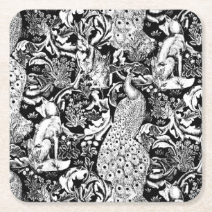 Art Nouveau Peacock Print, Schwarz/Weiß Rechteckiger Pappuntersetzer