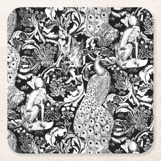 Art Nouveau Peacock Print, Schwarz/Weiß Rechteckiger Pappuntersetzer (Vorderseite)