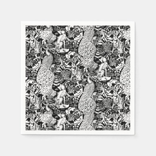 Art Nouveau Peacock Print, Schwarz/Weiß Serviette (Vorderseite)